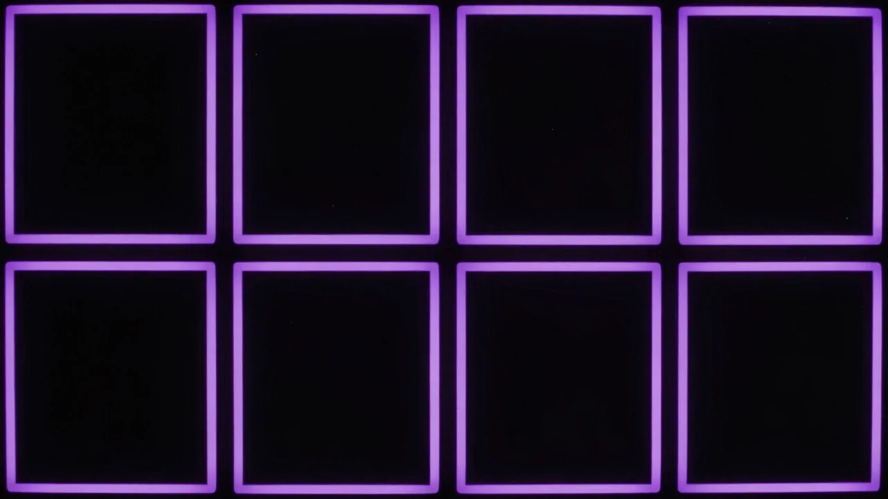 Close-focus view of vertical and square video preview tiles on a black background with violet neon edge light, crisp con